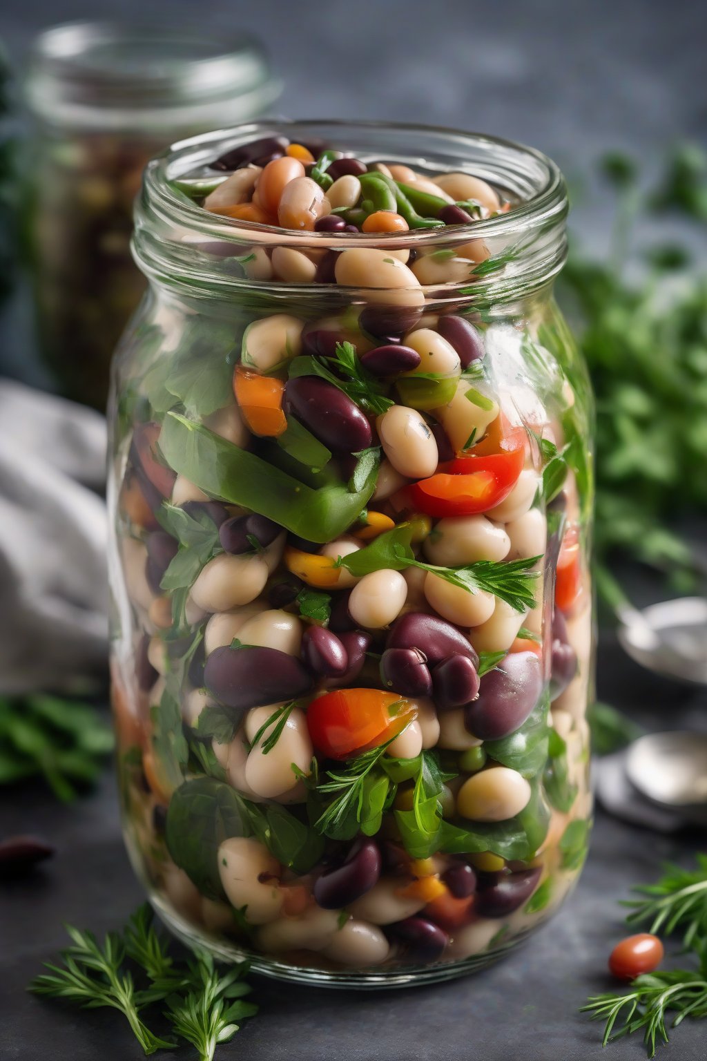 A high-resolution photo of three-bean salad in a glass jar with fresh herbs, under soft lighting.