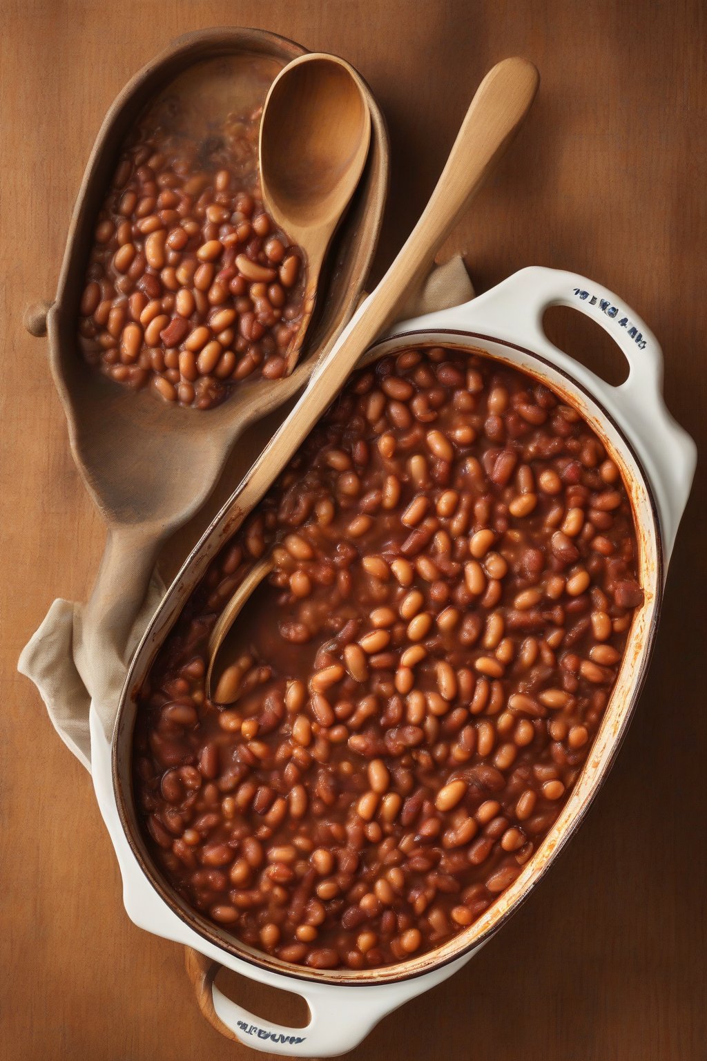 A high-resolution photo of baked beans bubbling in a casserole dish with wooden spoon, under soft lighting.