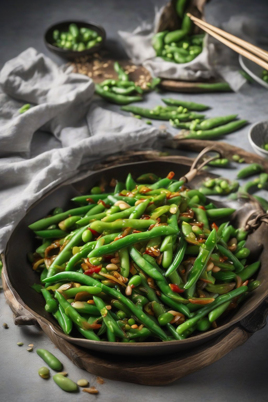 A high-resolution photo of vibrant green bean stir-fry tossed with edamame in a wok, under soft lighting.