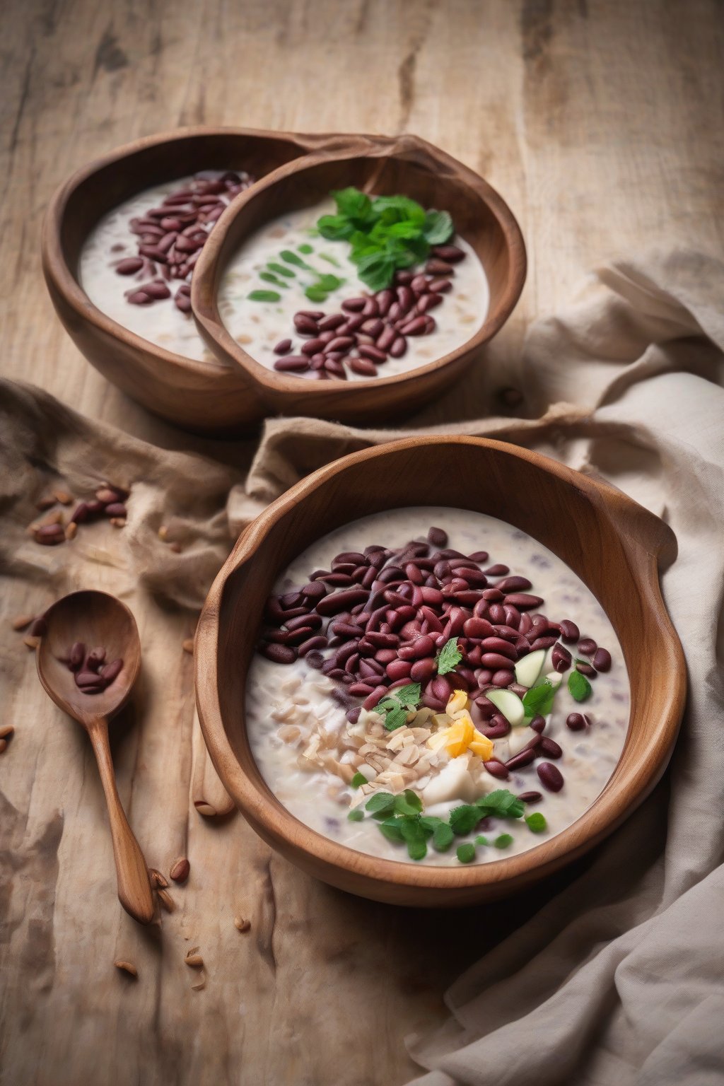 A high-resolution photo of adzuki bean porridge in a wooden bowl with coconut milk drizzle, under soft lighting.