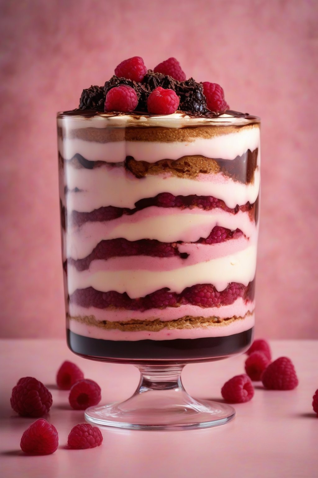 A high-resolution photo of raspberry Chambord tiramisu topped with glossy ganache under soft lighting.