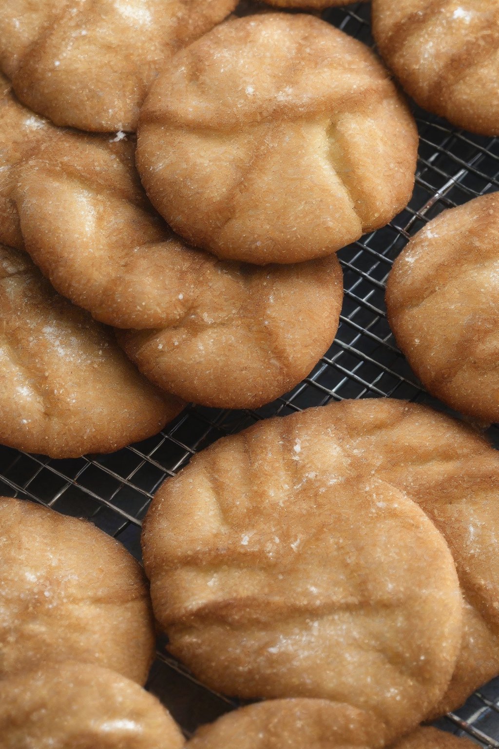 A close-up photo of golden crackly classic rolled snickerdoodles on a cooling rack under soft lighting.