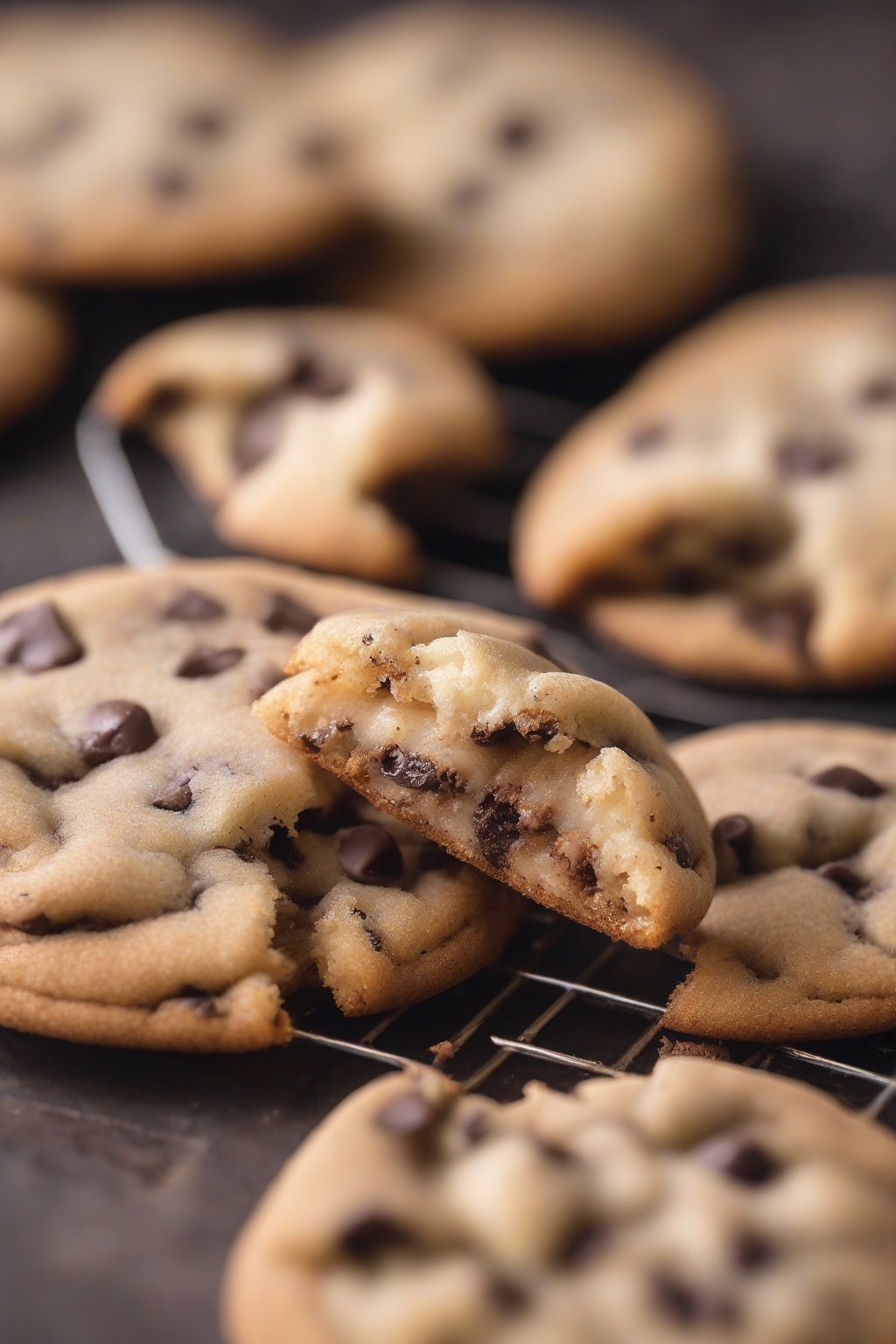 A close-up photo of chocolate chip rolled snickerdoodles with melty chips peeking through cracks under soft lighting.