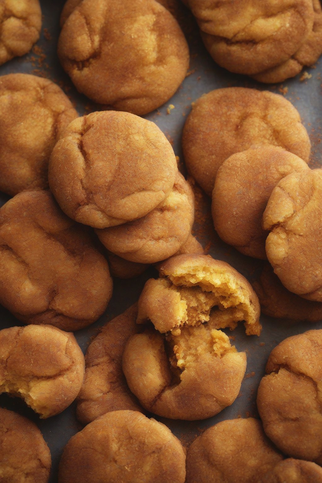 A close-up photo of pumpkin spice rolled snickerdoodles with warm orange hues and crackled tops under soft lighting.