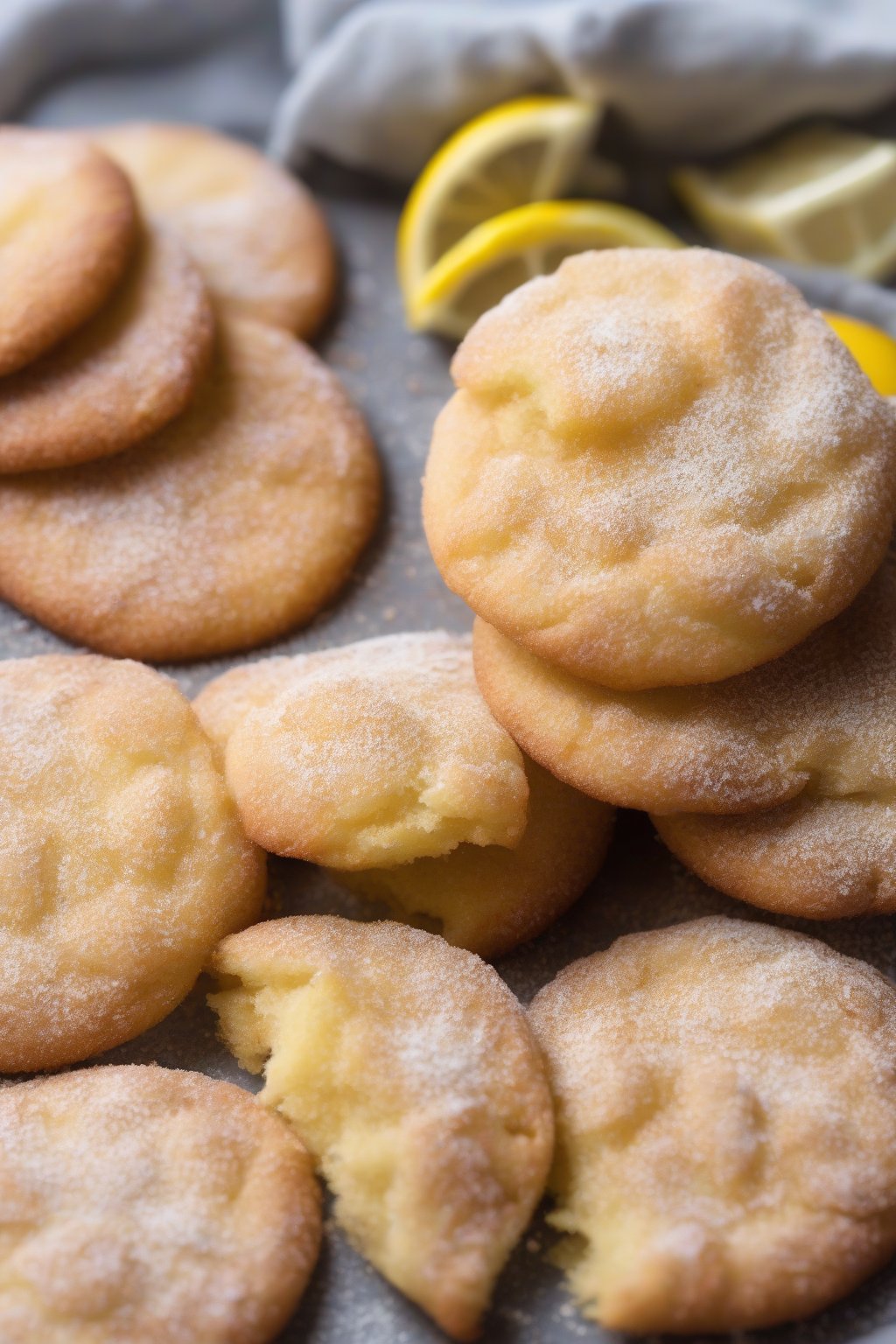 A close-up photo of lemon rolled snickerdoodles dusted with crackled cinnamon sugar under soft lighting.