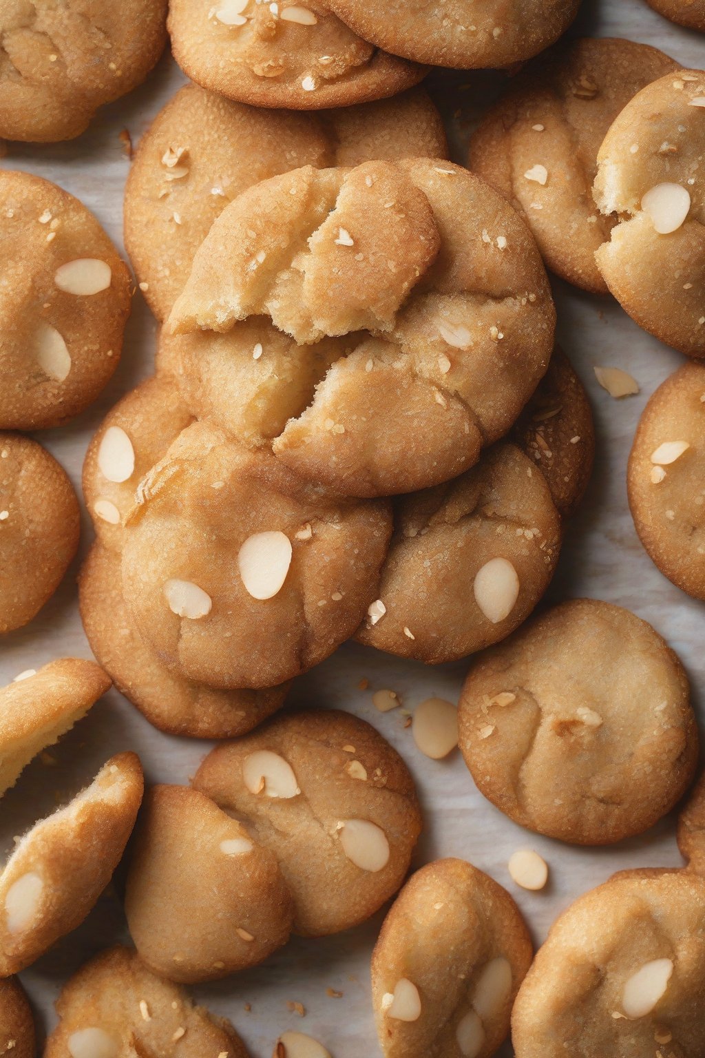 A close-up photo of almond-studded rolled snickerdoodles with golden cracks under soft lighting.