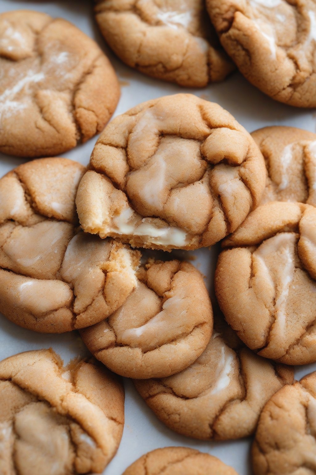 A close-up photo of peanut butter rolled snickerdoodles showing creamy swirls in the cracks under soft lighting.