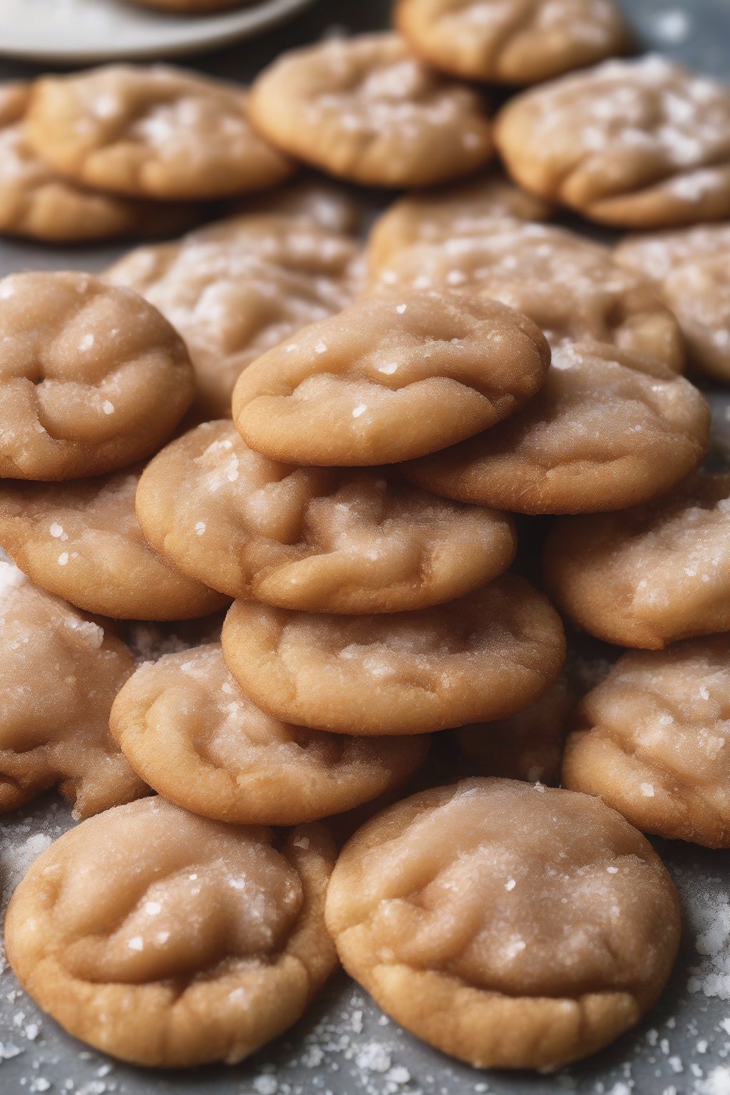 A close-up photo of salted caramel rolled snickerdoodles oozing bits with flaky salt under soft lighting.