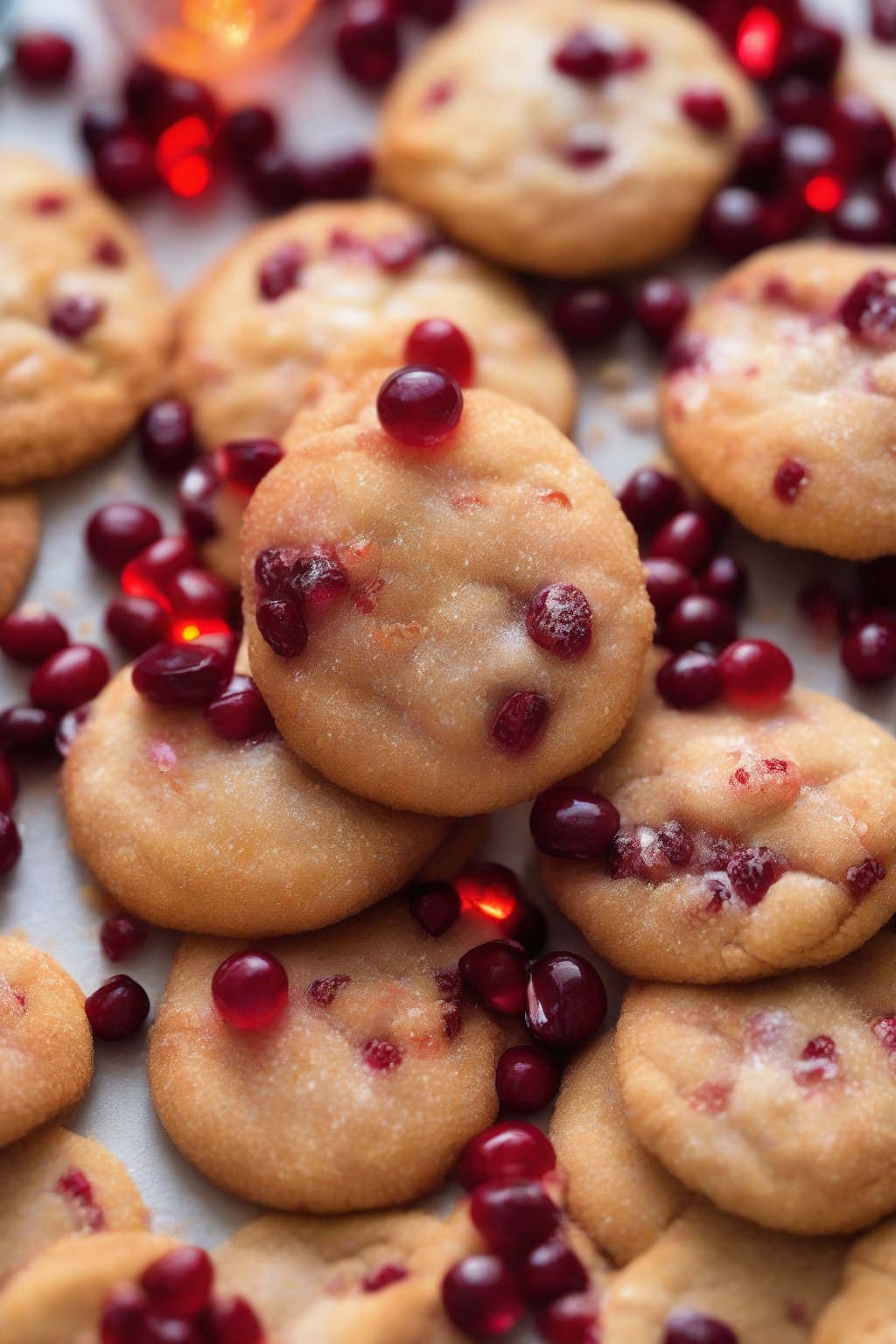 A close-up photo of cranberry orange rolled snickerdoodles bursting with red jewels under soft lighting.