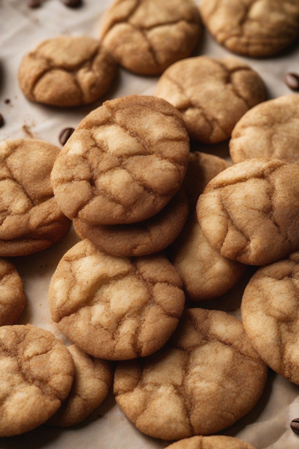 A close-up photo of coffee-infused rolled snickerdoodles with deep golden cracks under soft lighting.