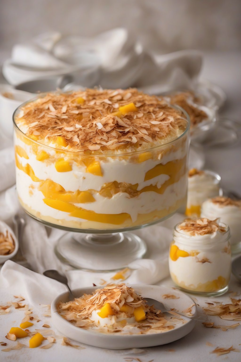 A high-resolution photo of coconut mango tiramisu with toasted coconut flakes under soft lighting.