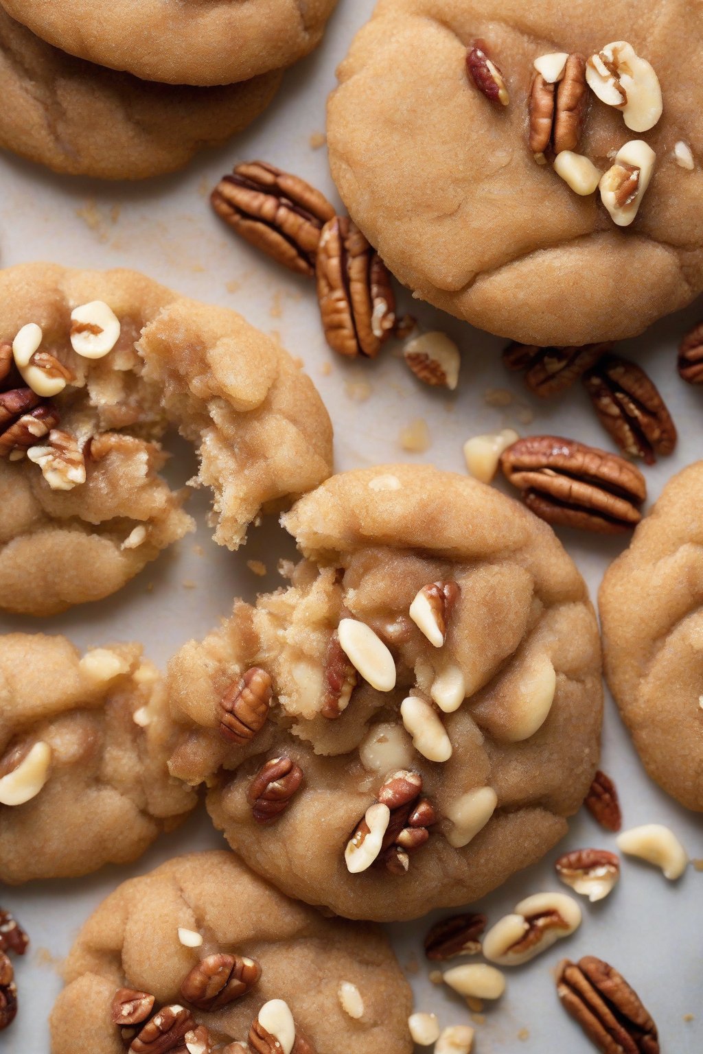 A close-up photo of maple pecan rolled snickerdoodles with chopped nuts visible under soft lighting.