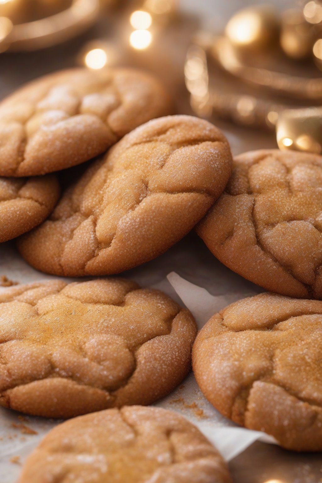 A close-up photo of gingerbread rolled snickerdoodles with spicy golden tops under soft lighting.