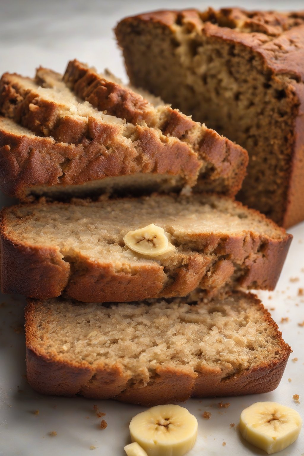 A high-resolution photo of a golden loaf of classic banana bread sliced open to reveal moist crumb, under soft lighting.