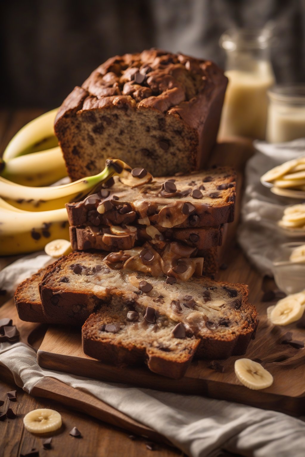 A high-resolution photo of chocolate chip banana bread with oozing chips, sliced on a wooden board, under soft lighting.