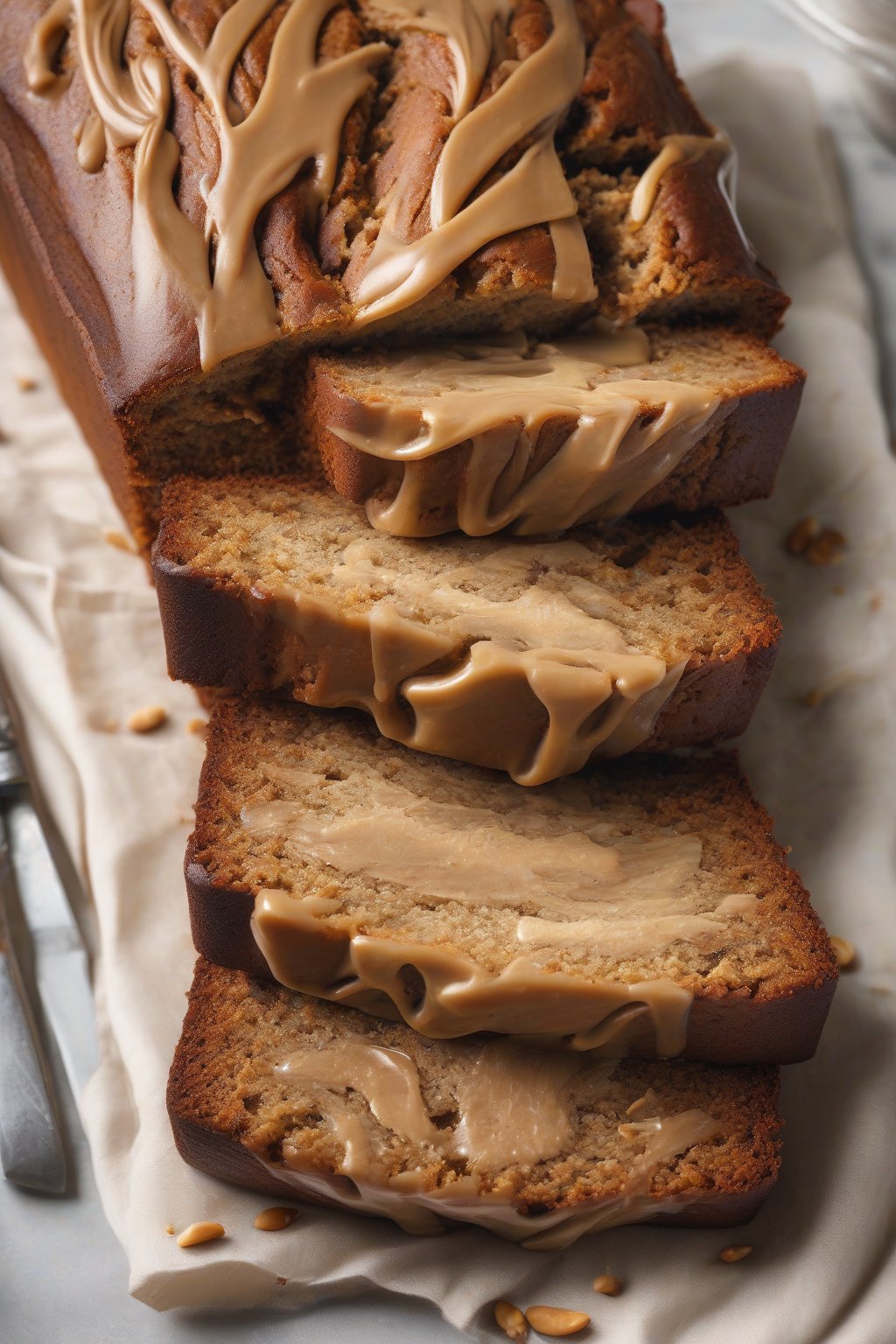 A high-resolution photo of peanut butter swirled banana bread loaf with visible creamy ribbons, under soft lighting.