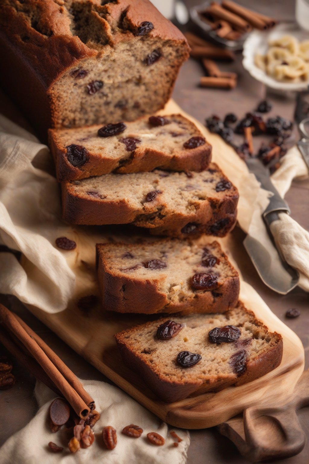 A high-resolution photo of cinnamon raisin banana bread with plump raisins peeking through slices, under soft lighting.