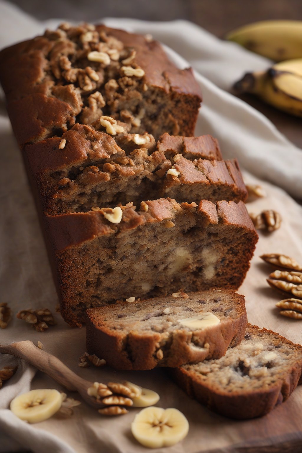 A high-resolution photo of walnut banana bread loaf showing nutty chunks in a thick slice, under soft lighting.