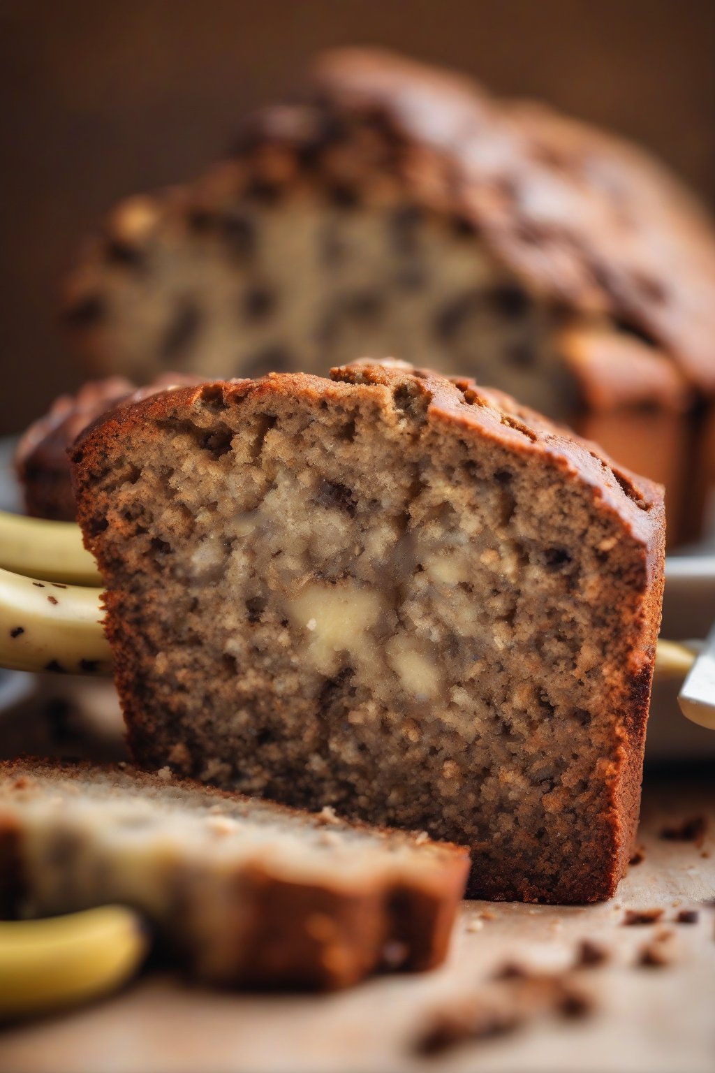 A high-resolution photo of a vegan banana bread slice revealing fluffy interior without eggs, under soft lighting.