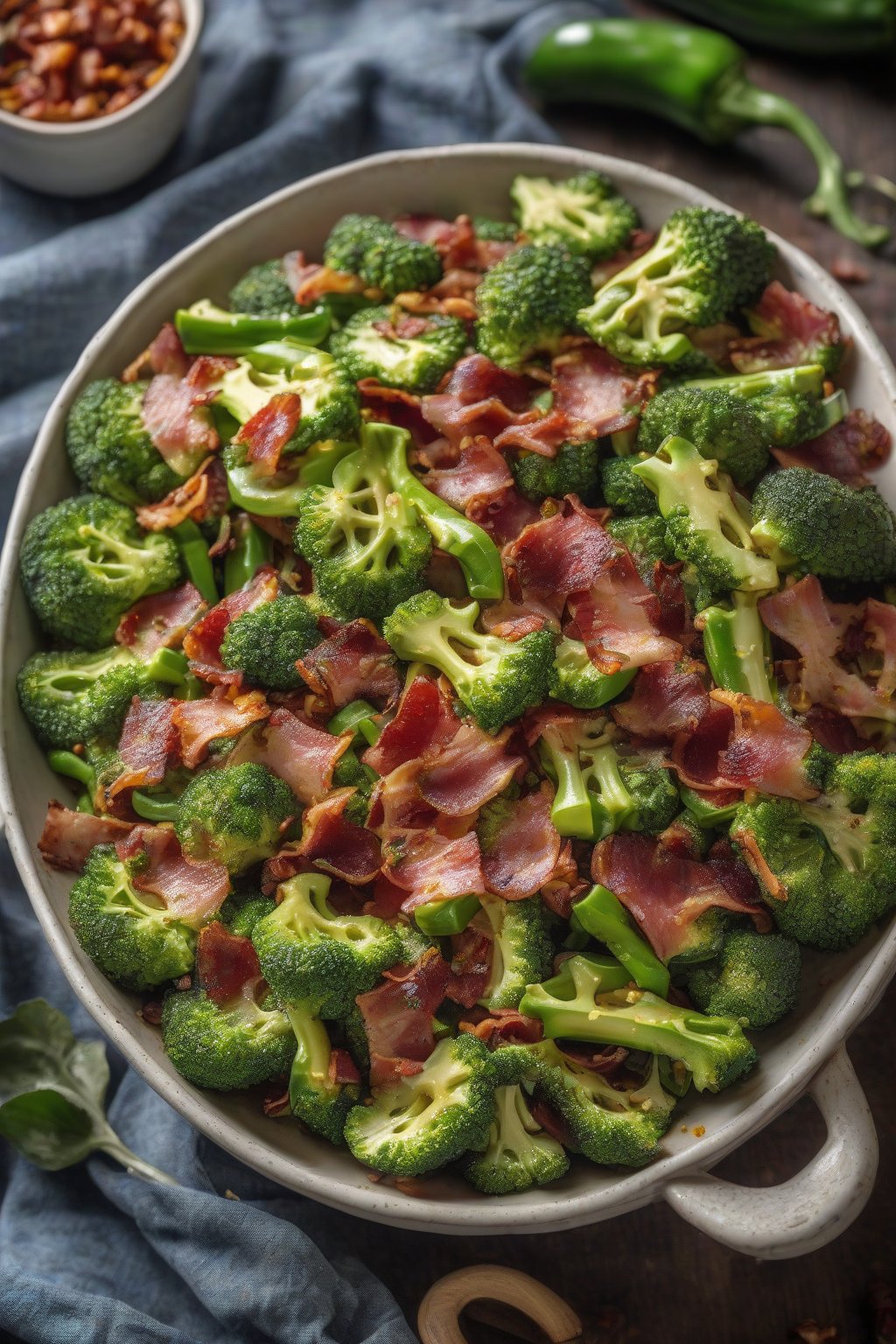 A high-resolution photo of spicy jalapeño bacon broccoli salad with green jalapeño slices, in a spicy-themed dish, under soft lighting.