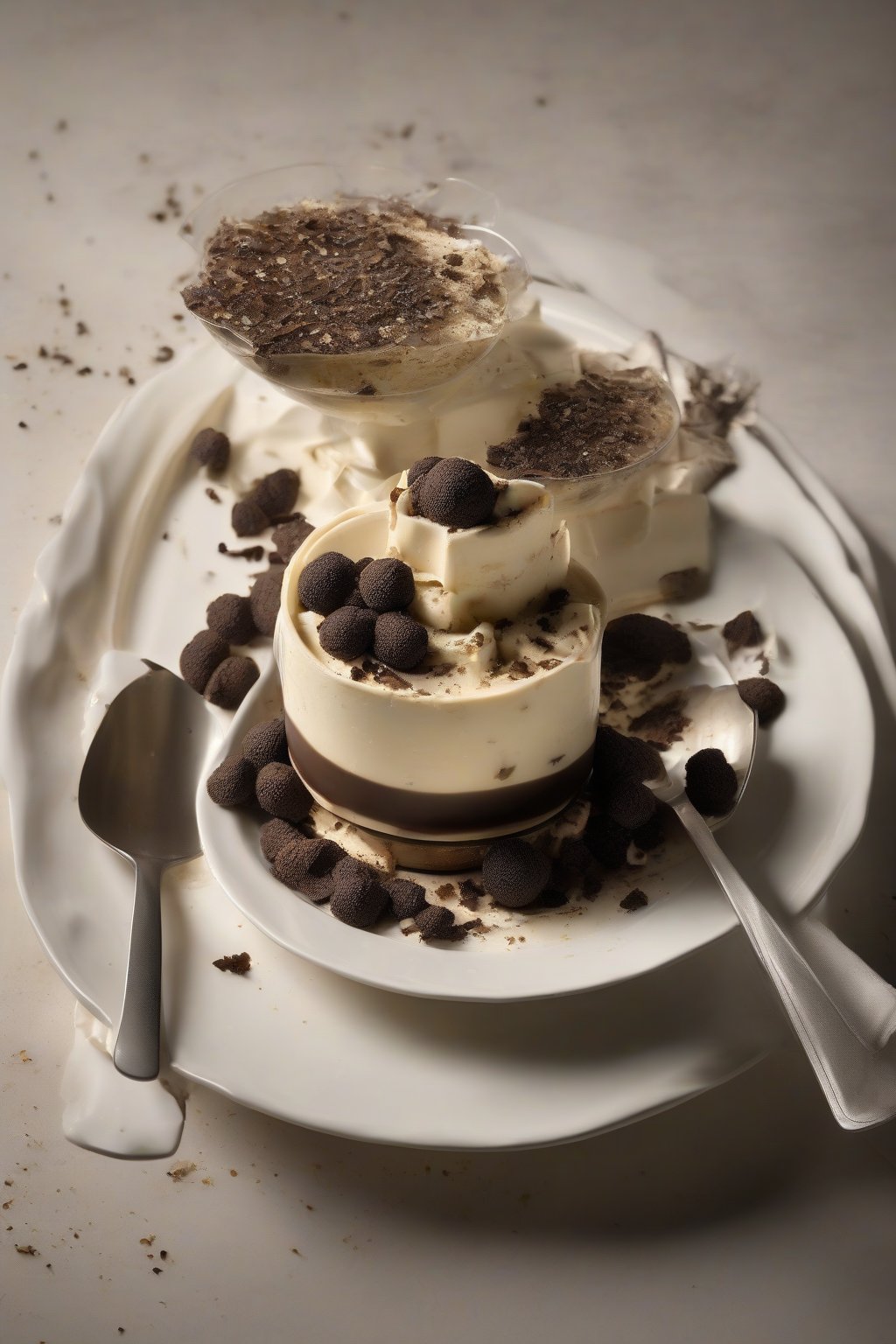 A high-resolution photo of black truffle tiramisu shaved with fresh truffles under soft lighting.