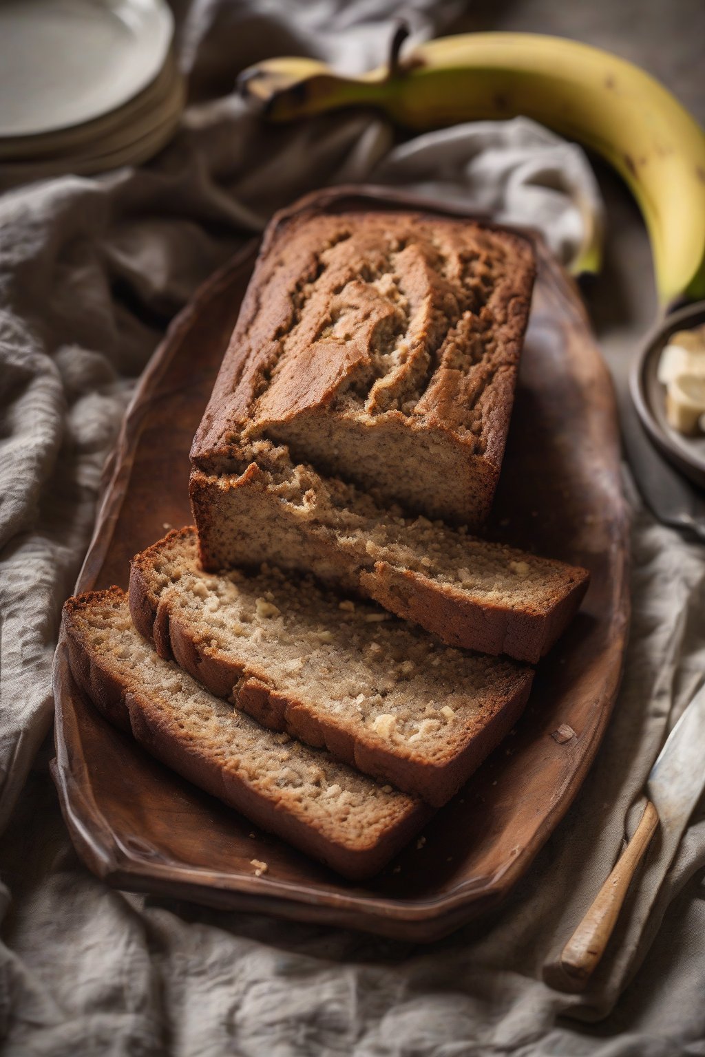 A high-resolution photo of gluten-free banana bread with a tender crumb on a rustic plate, under soft lighting.