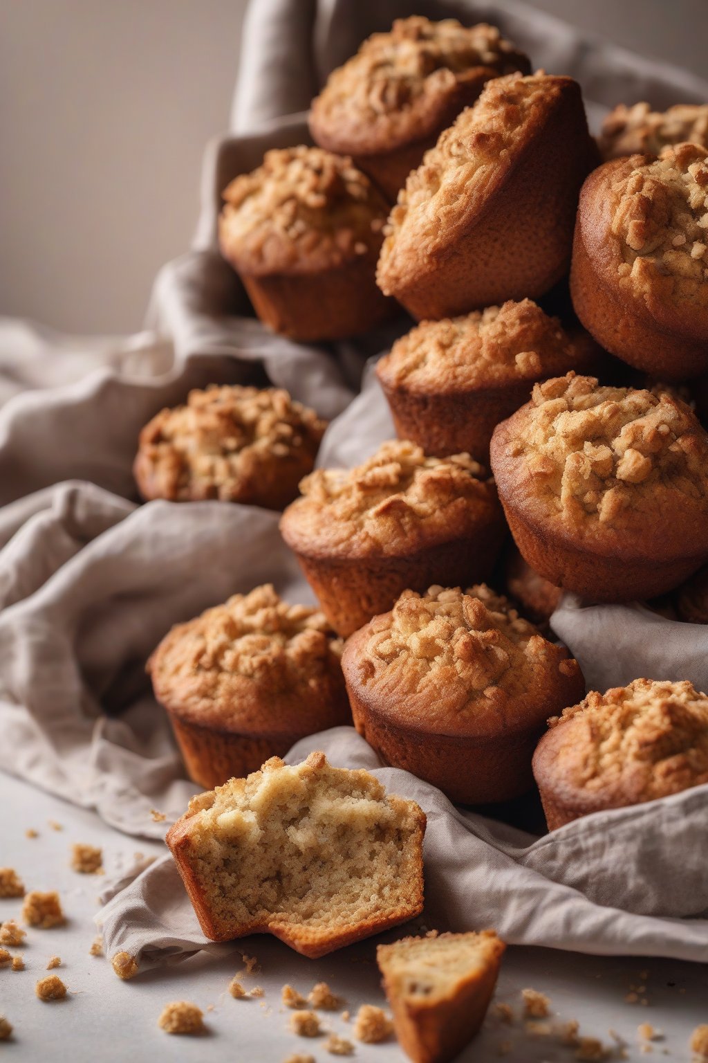 A high-resolution photo of golden banana bread muffins piled in a basket with crumbs, under soft lighting.