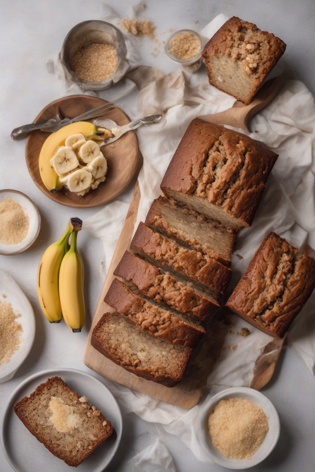 A high-resolution photo of streusel banana bread with crumbly golden top sliced to show moist base, under soft lighting.