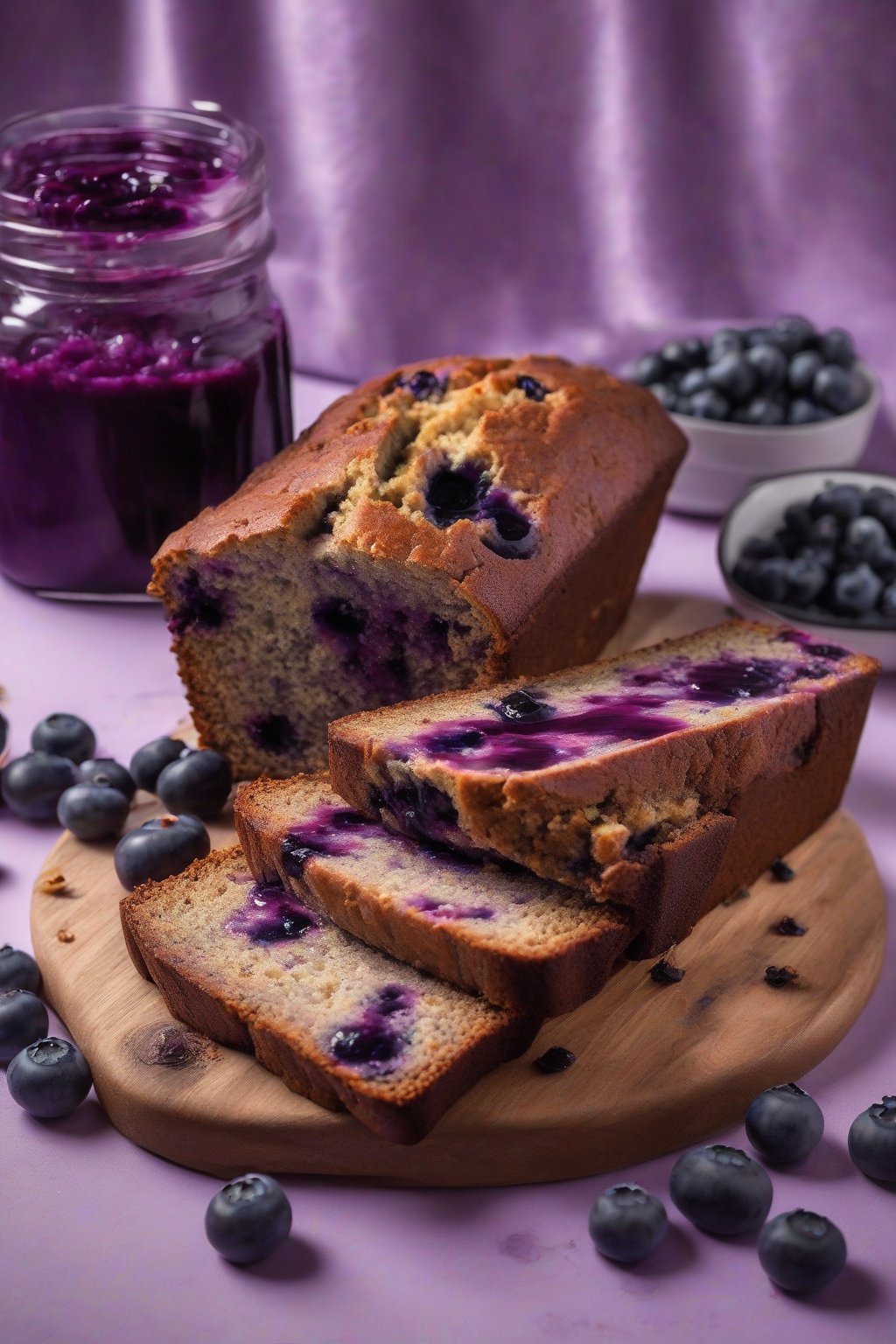 A high-resolution photo of blueberry banana bread oozing purple juices in a slice, under soft lighting.