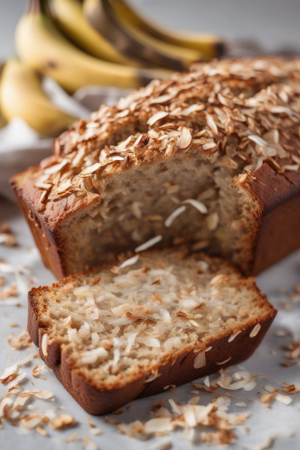 A high-resolution photo of coconut banana bread with toasted flakes on a sunny slice, under soft lighting.