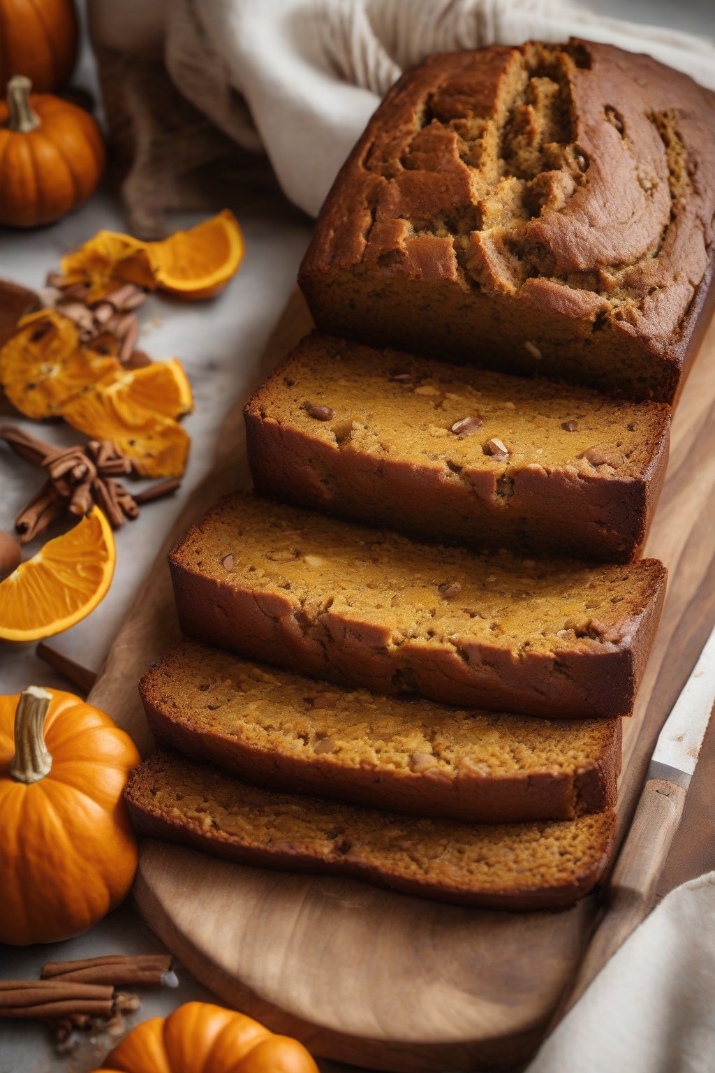A high-resolution photo of pumpkin spice banana bread with warm orange hues in slices, under soft lighting.