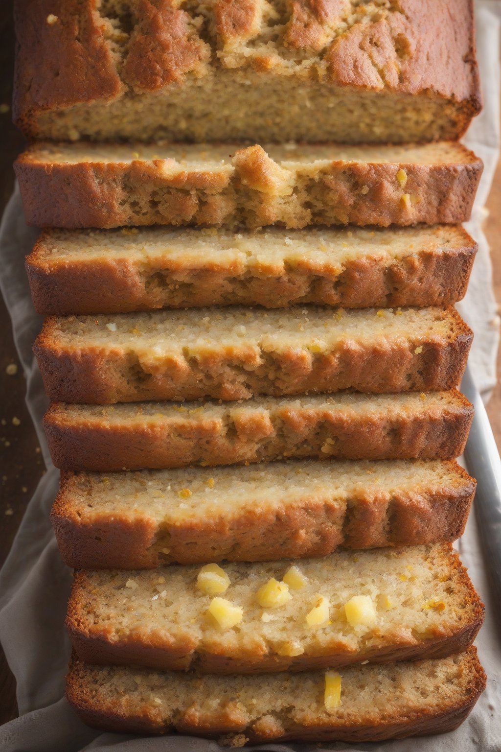 A high-resolution photo of lemon zest banana bread showing yellow flecks in fluffy crumb, under soft lighting.