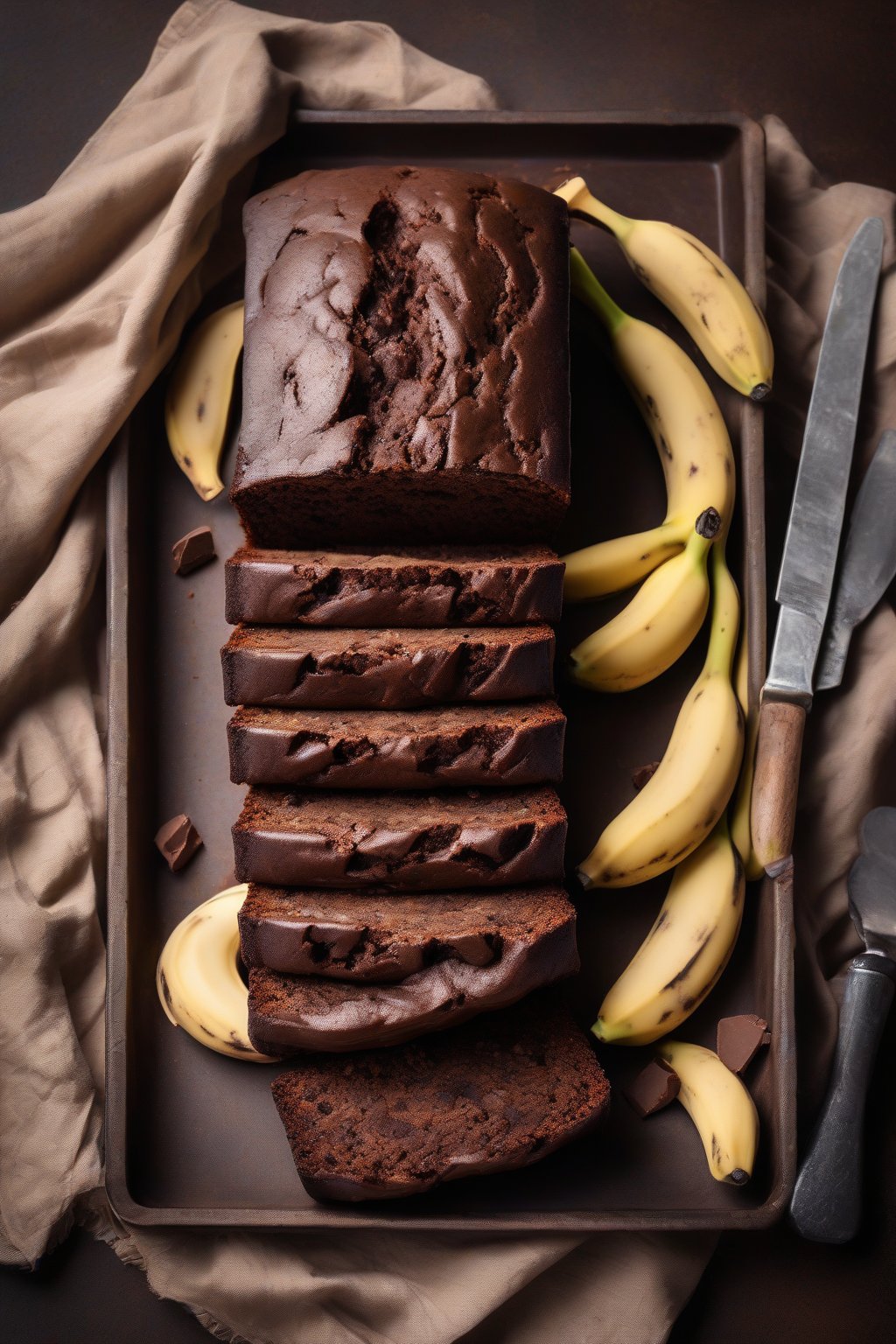 A high-resolution photo of fudgy chocolate banana bread slice with deep cocoa layers, under soft lighting.