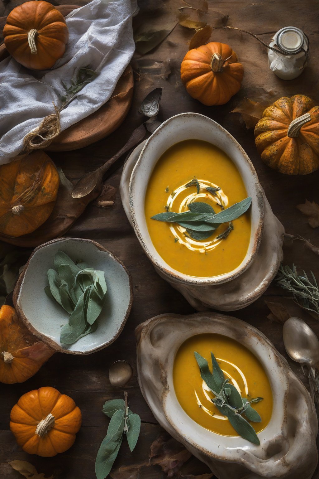 A high-resolution photo of roasted pumpkin sage soup in a rustic bowl, garnished with sage leaves, under soft lighting.