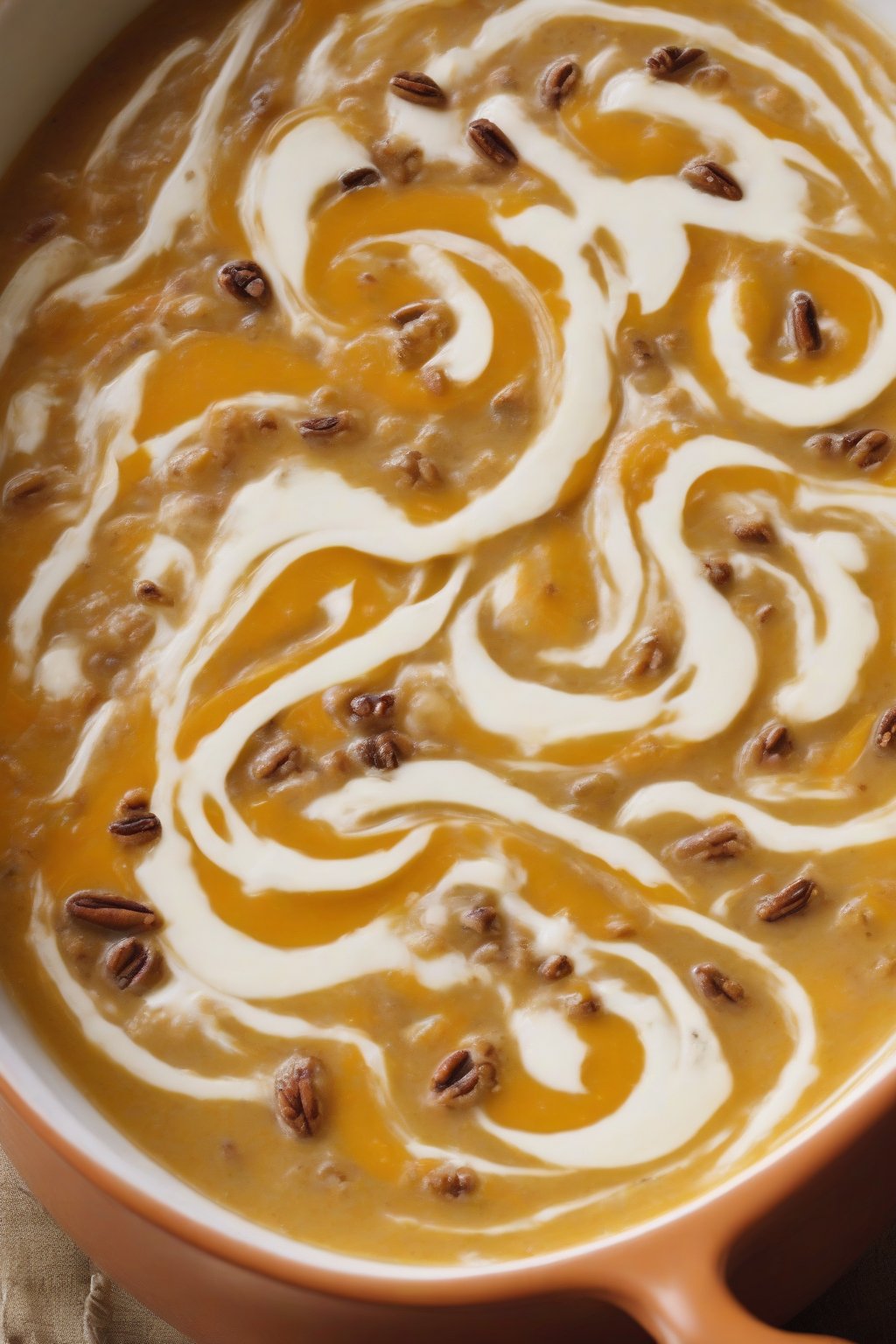 A high-resolution photo of butternut squash and apple harvest soup swirled with cream, topped with nutmeg, under soft lighting.