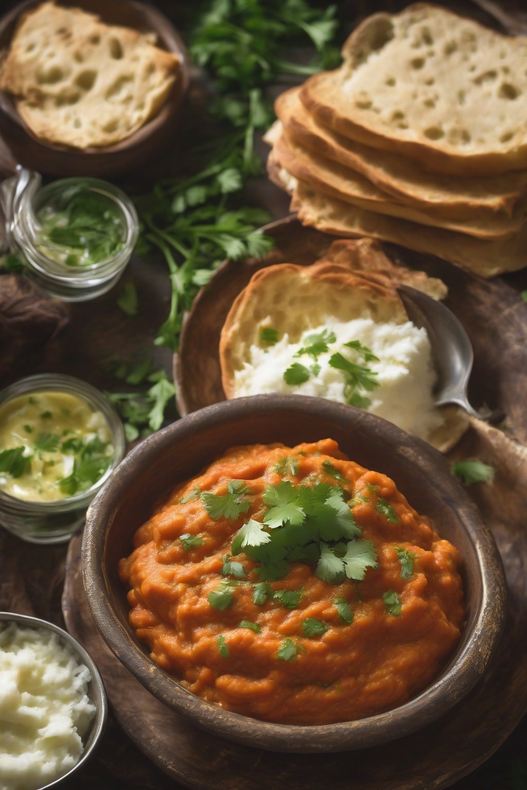 A close-up photo of steaming classic mashed pav bhaji topped with butter and cilantro, served in a rustic bowl under soft lighting.