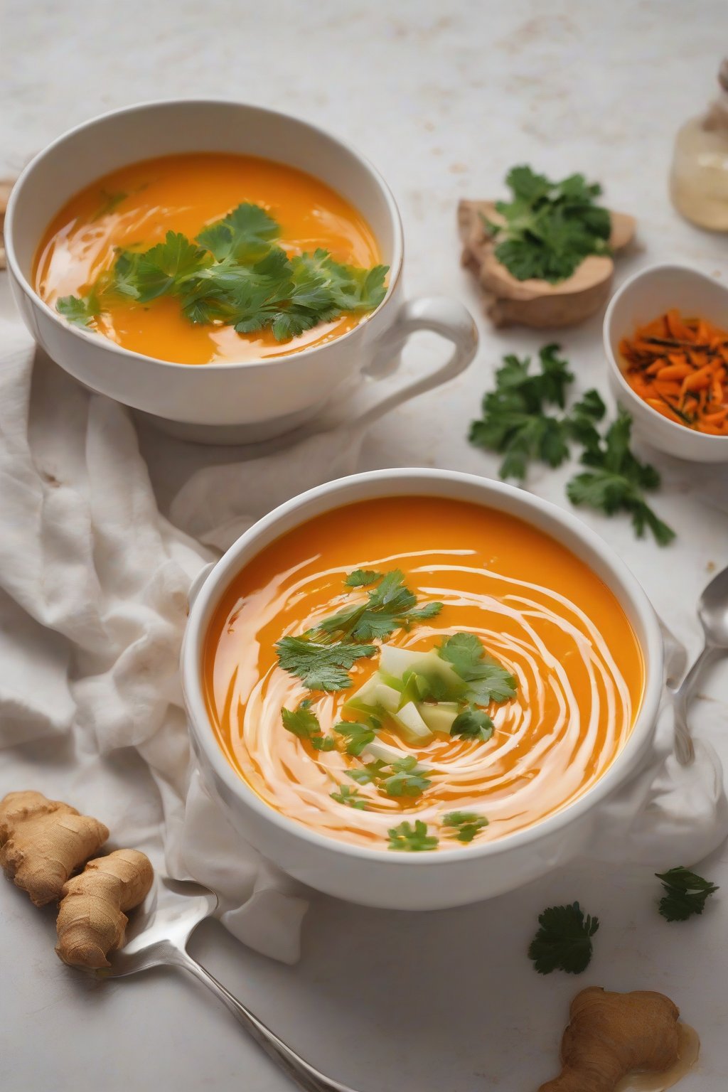 A high-resolution photo of ginger carrot immunity booster soup in a white bowl, drizzled with oil, under soft lighting.