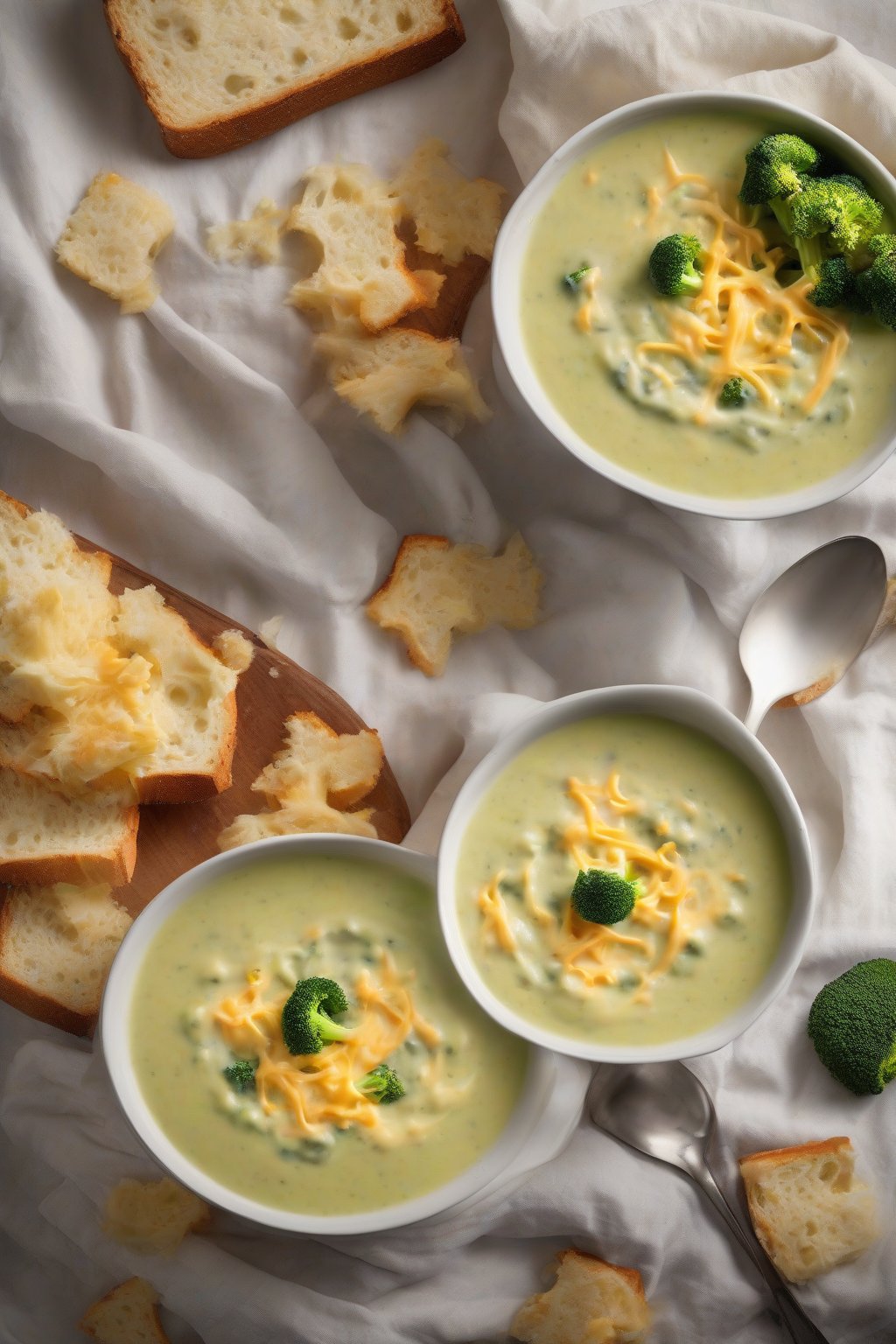 A high-resolution photo of creamy broccoli cheddar comfort soup with melted cheese pull, broccoli bits floating, under soft lighting.