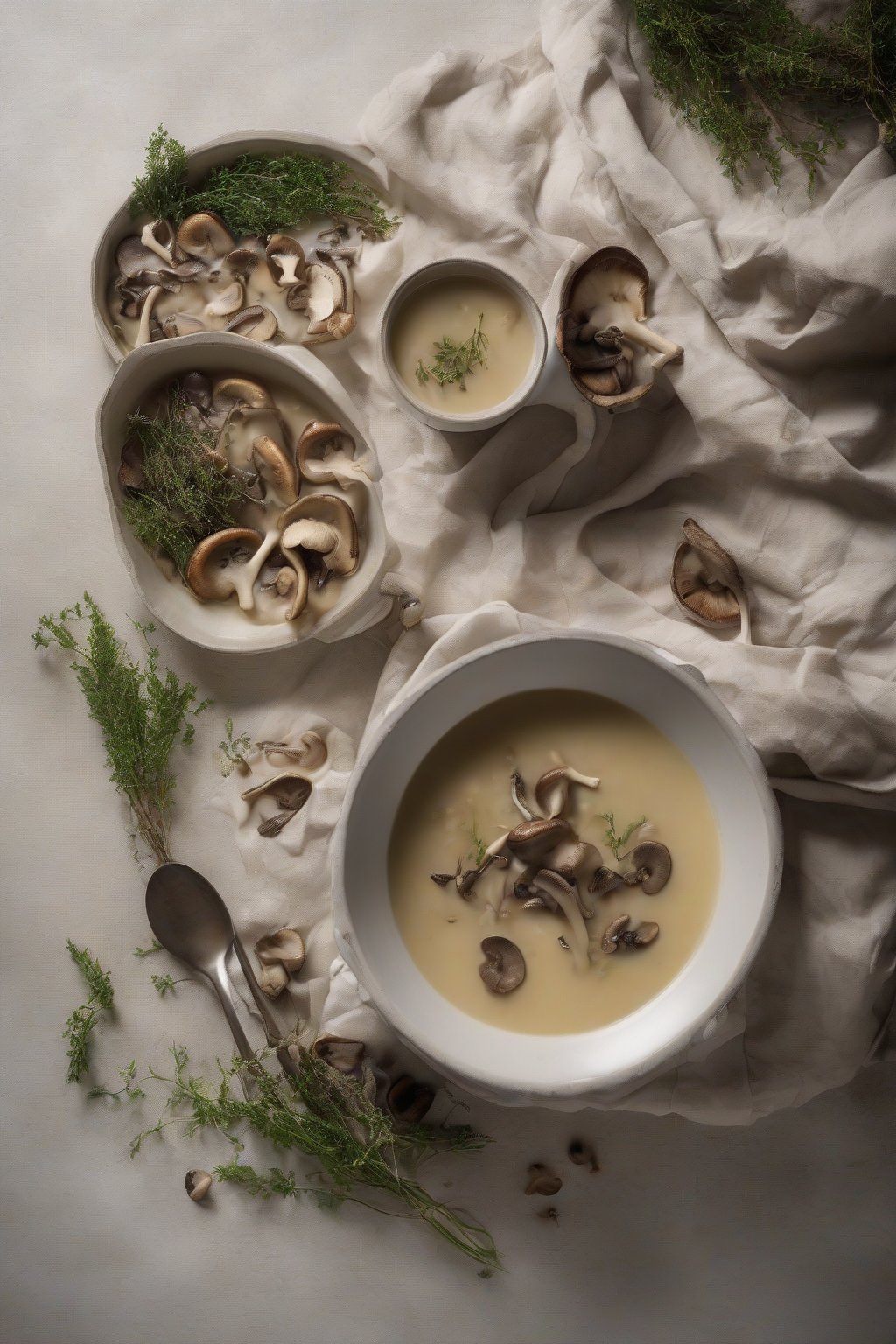 A high-resolution photo of wild mushroom forest forage soup garnished with thyme sprigs, creamy texture, under soft lighting.