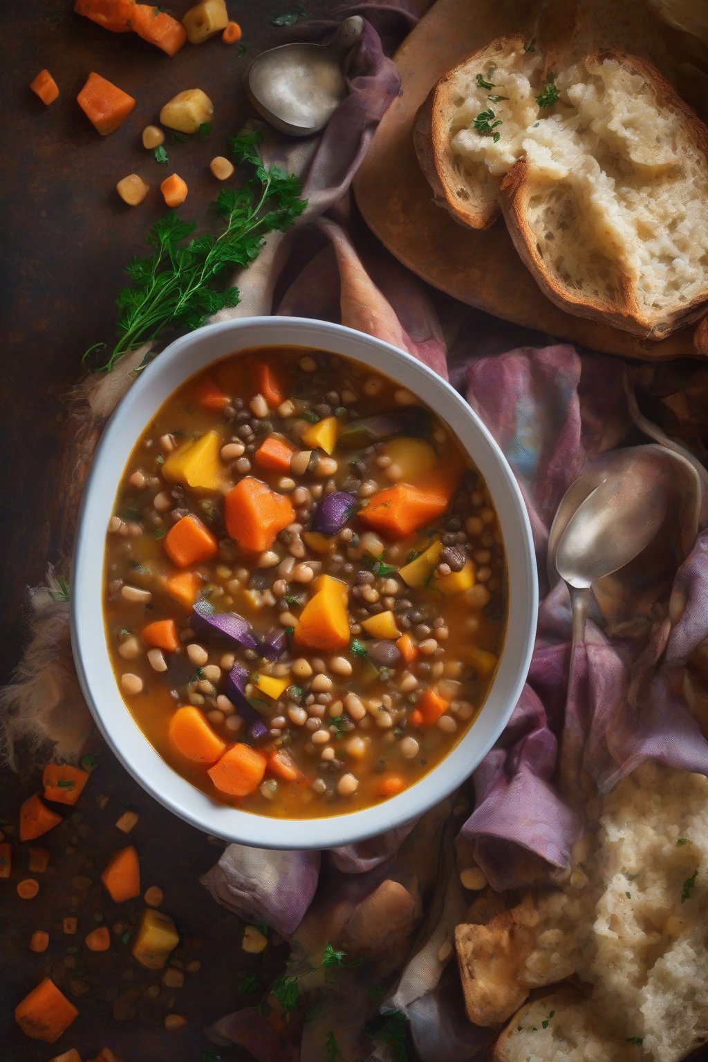 A high-resolution photo of hearty lentil root vegetable stew soup with colorful chunks, steam rising, under soft lighting.