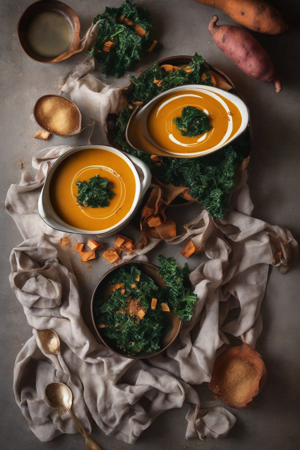 A high-resolution photo of sweet potato kale autumn glow soup with kale ribbons, paprika dust, under soft lighting.