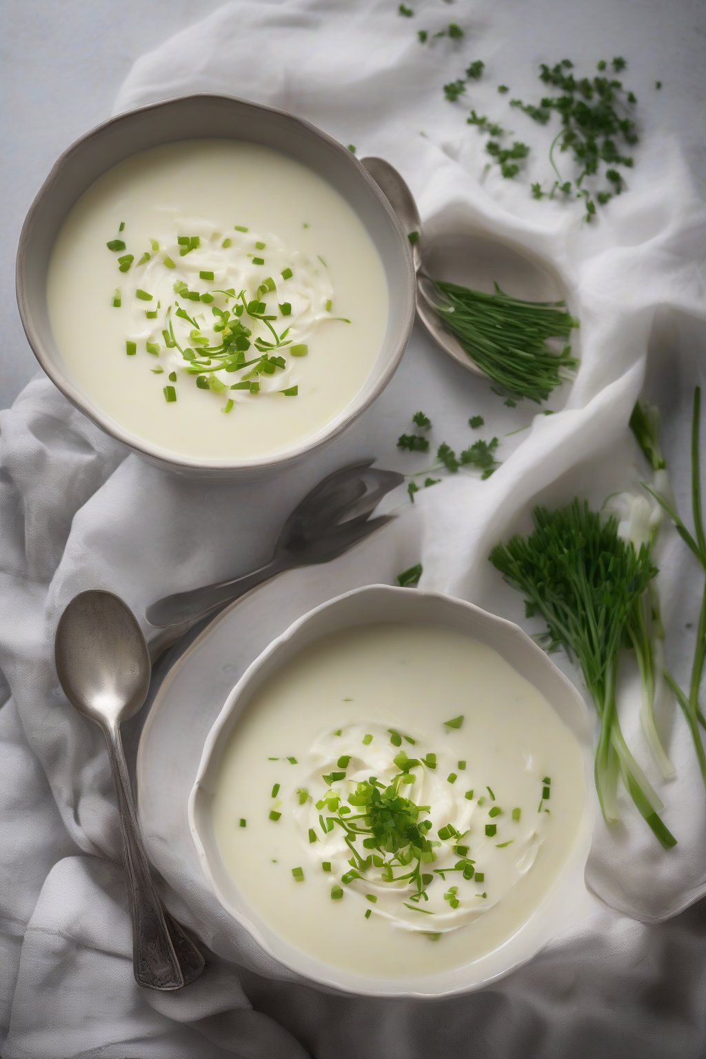 A high-resolution photo of cauliflower leek velvet soup garnished with chives, smooth and creamy, under soft lighting.