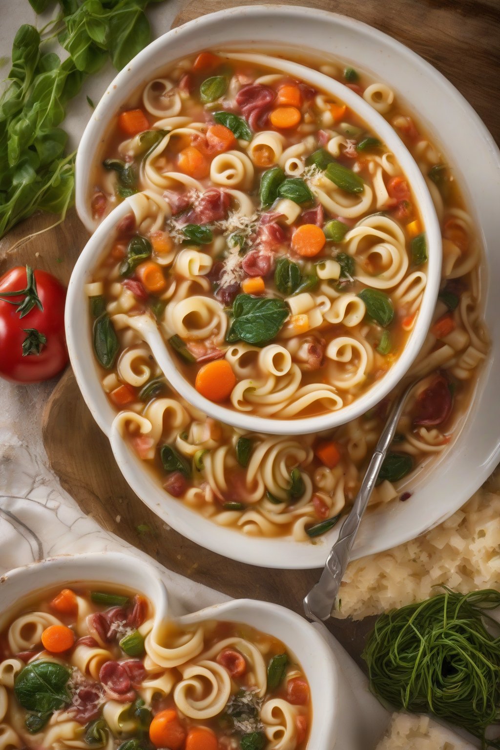 A high-resolution photo of Italian minestrone harvest bounty soup with pasta swirls and veggies, parmesan sprinkle, under soft lighting.