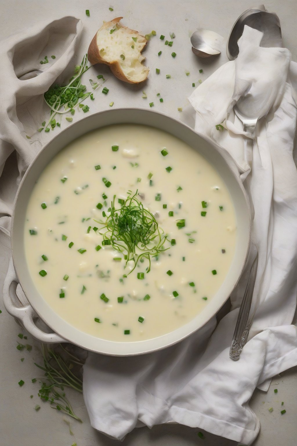 A high-resolution photo of potato leek creamy classic soup topped with chives, spoon-ready bowl, under soft lighting.