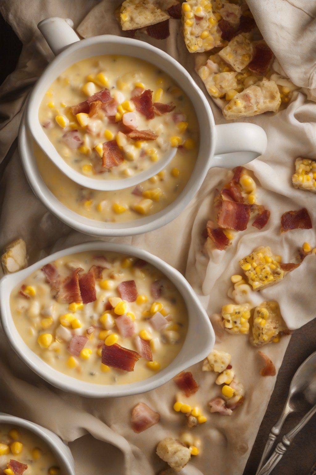A high-resolution photo of corn bacon autumn chowder with bacon bits and corn chunks, creamy base, under soft lighting.