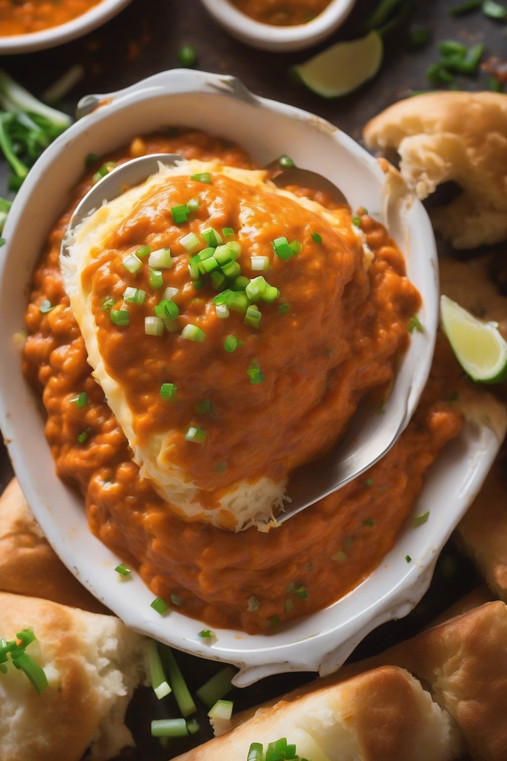 A close-up photo of cheesy mashed pav bhaji oozing golden cheese, garnished with green onions under soft lighting.