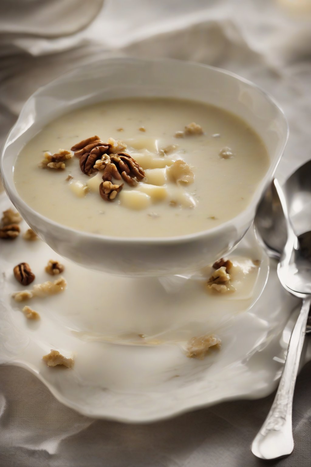 A high-resolution photo of pear gorgonzola autumn elegance soup drizzled with cheese, walnut garnish, under soft lighting.
