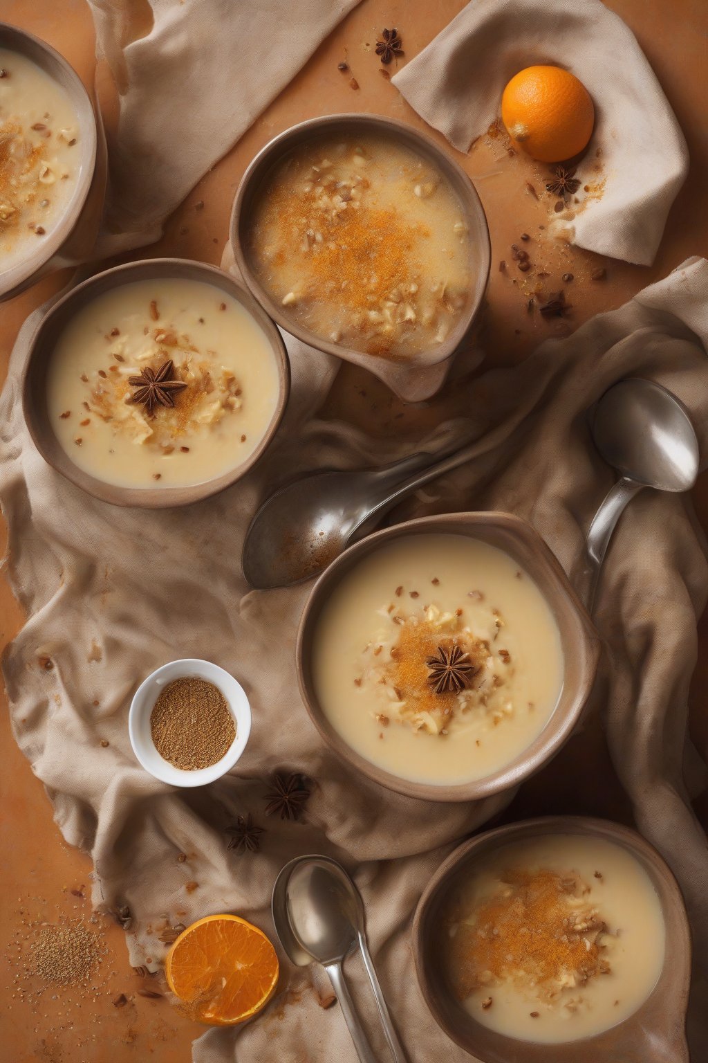 A high-resolution photo of spiced parsnip nutmeg dream soup with nutmeg grating, velvety orange hue, under soft lighting.