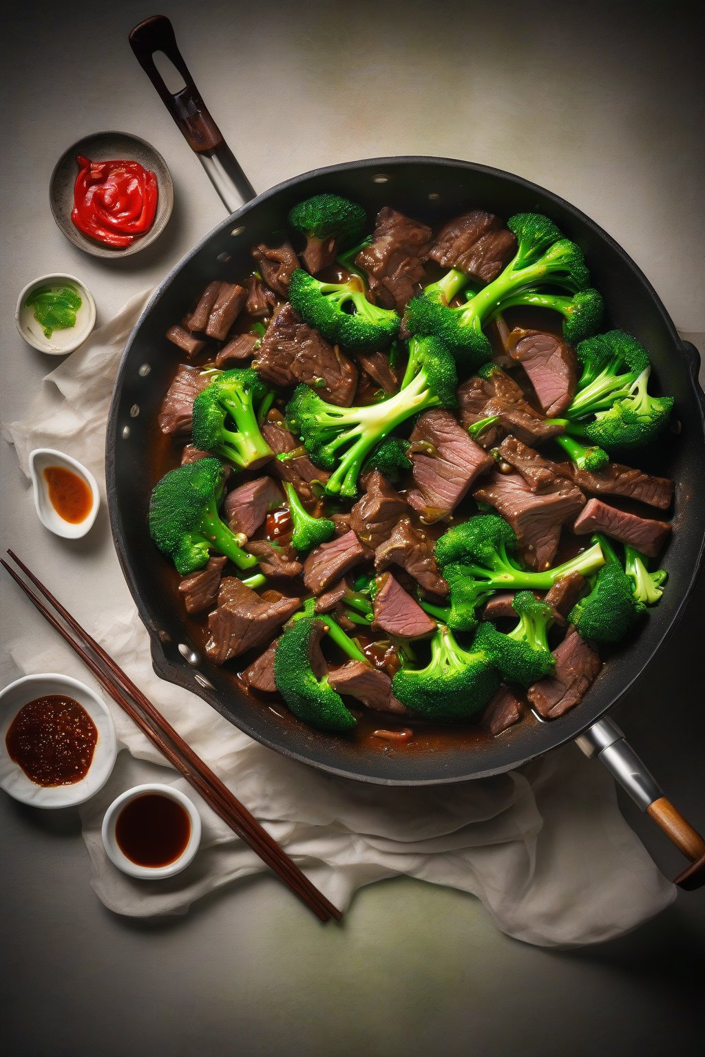 A high-resolution photo of steaming beef and broccoli stir-fry in a wok, vibrant green broccoli and tender beef slices glistening with sauce under soft lighting.