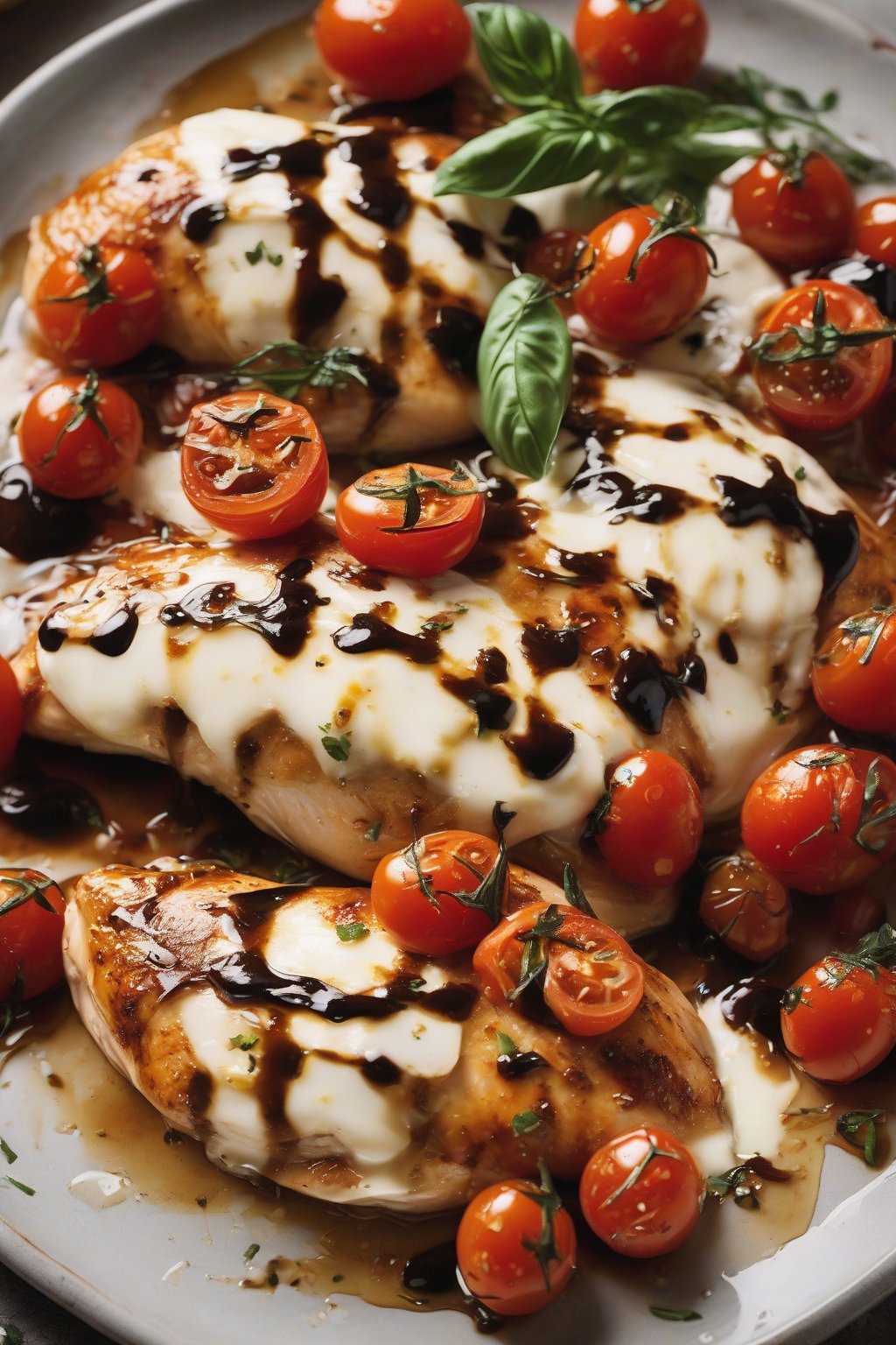 A high-resolution photo of golden chicken breasts topped with melted mozzarella and burst cherry tomatoes, drizzled with balsamic under soft lighting.